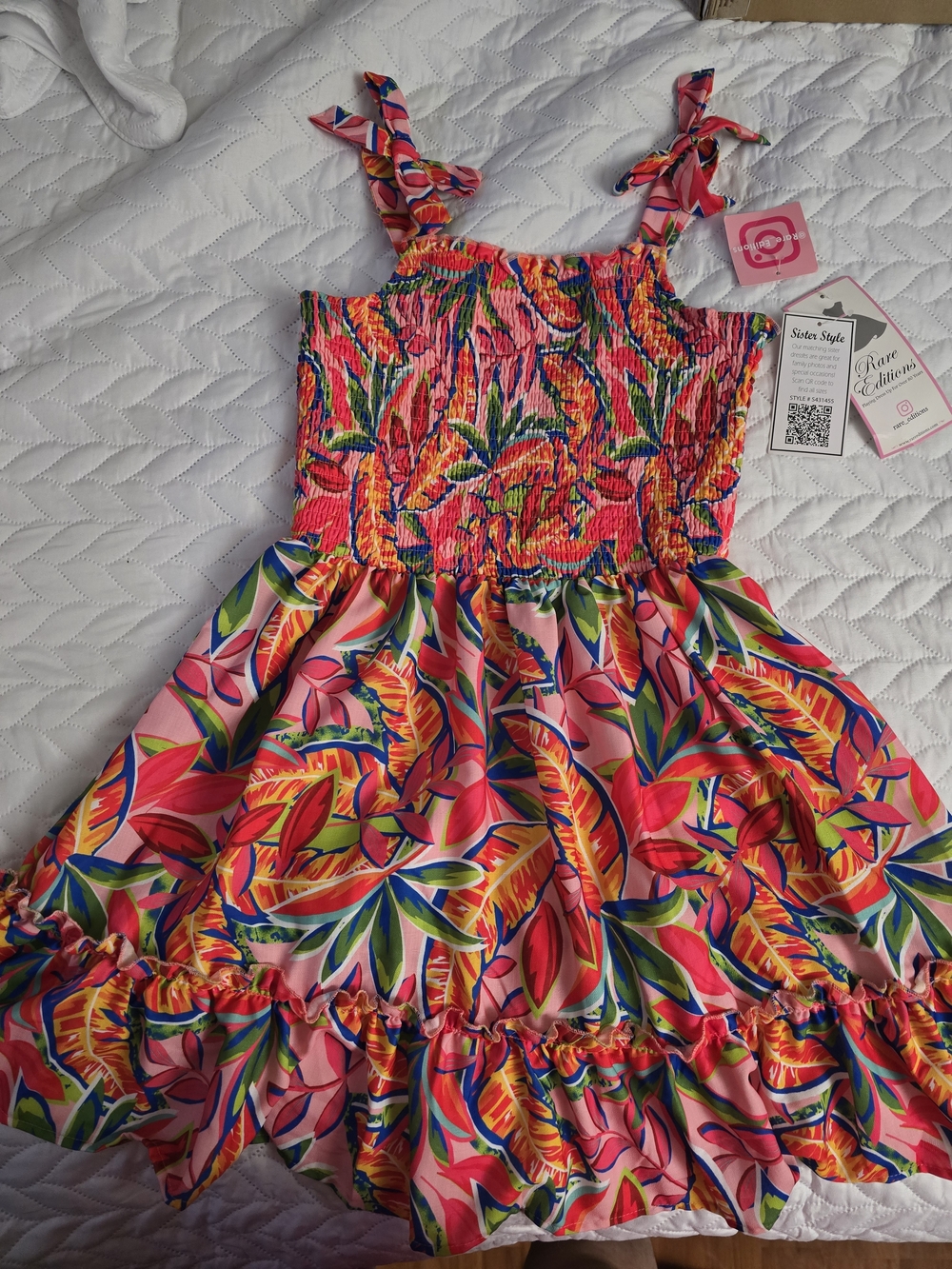 Rare Editions Pink Tropical Tie-Shoulder Smocked Sundress